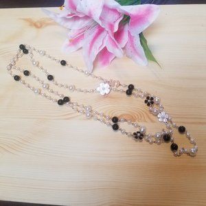 Black White Pearl Daisy Flower Necklace, Double Strand Faux Pearl Necklace